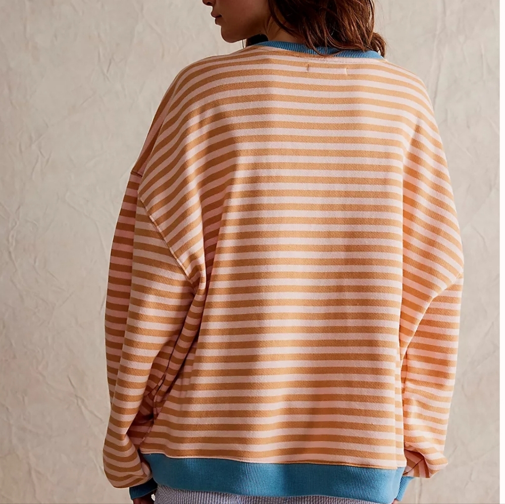 We The Free Peach and White Striped Hoodie with Blue Trim - Picture 2 of 5
